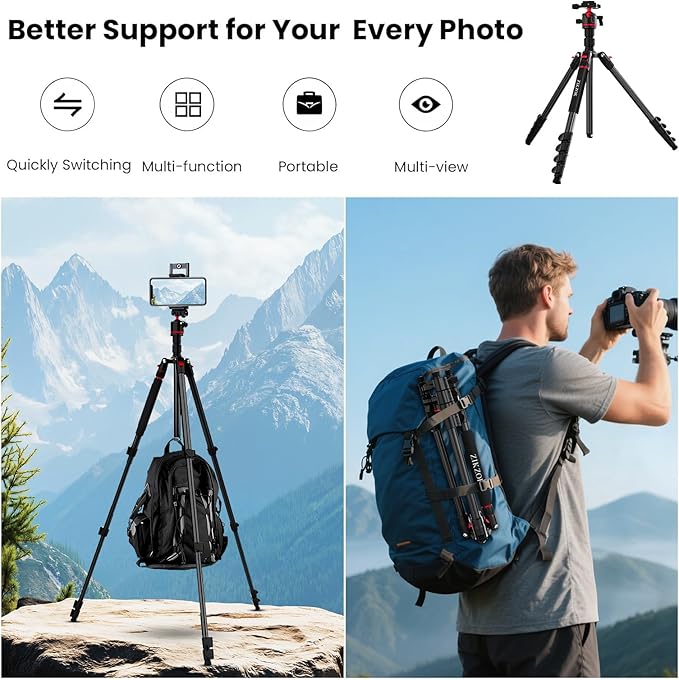 Camera Tripod, Lightweight Travel Outdoor DSLR Tripods Aluminum Tripod/Monopod, 360°Ball Head Detachable, Tripod for iPhone, ipad, DSLR,Tablet with Carry Bag