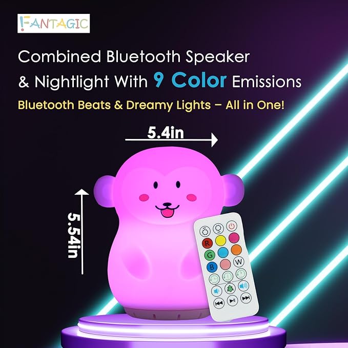 Combined Bluetooth Speaker & Nightlight With 9 Color Emissions, Child Friendly Silicone & BPA Free, USB Recharging, Receives Audio From Computer, Phone Or Tablet, and includes Remote Control (Monkey)