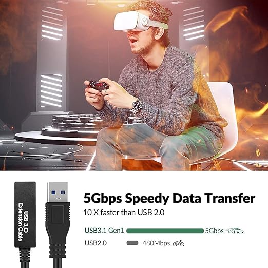 16.4FT USB 3.0 Extension Cable,USB Extension Cord A-Male to A-Female,Compatible with Oculus Quest 3 VR,Headset,Hard Drive,Printer,Keyboard, Mouse,PS4 and More