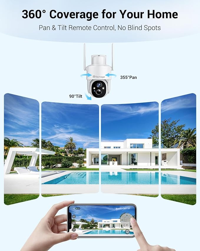 2K Solar Cameras Outdoor Wireless, Security Cameras Wireless Outdoor, Battery Powered cam with Spotlight, 2-Way Talk, PIR Motion Detection, Color Night Vision, 360° PTZ, Siren, Compatible with Alexa