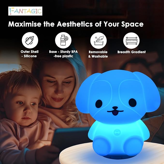 Combined Bluetooth Speaker & Nightlight With 9 Color Emissions, Child Friendly Silicone & BPA Free, USB Recharging, Receives Audio From Computer, Phone Or Tablet, and includes Remote Control (Dog)