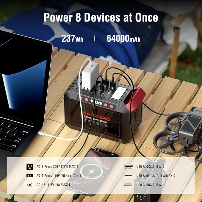 MARBERO 237Wh Solar Generator with Solar Panel Included Portable Power Station 300W Pure Sine Wave with Foldable Solar Panel 60W Set for Camping Outdoor Hiking Fishing Emergency
