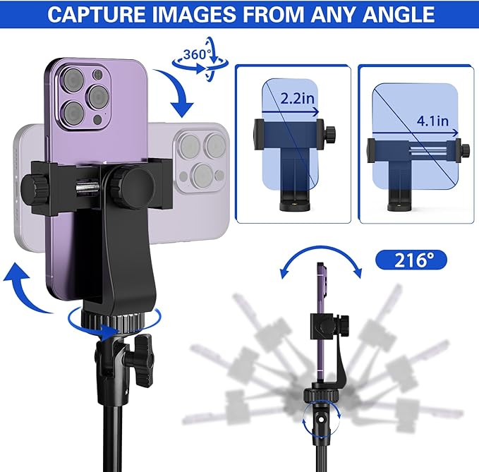 62" Phone Tripod with Tripod Mount Adapter & LED Light, Extendable Phone Tripod Stand with Wireless Camera Remote for iPhone, Android Phone Wrist Strap Included (Black-Tripod)