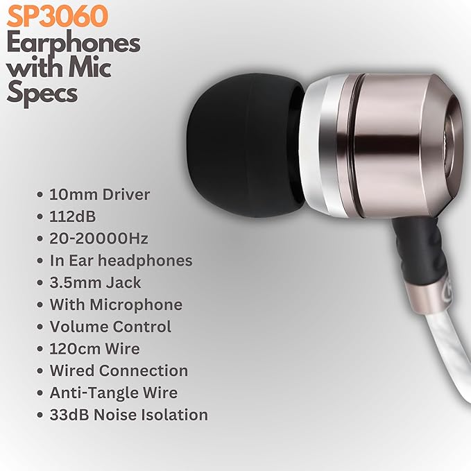 Sephia SP3060VC Wired Earbuds with Microphone, Deep Bass in-Ear Headphones with Noise Isolation, 10mm Drivers, Tangle-Free Cable, 3.5mm Jack
