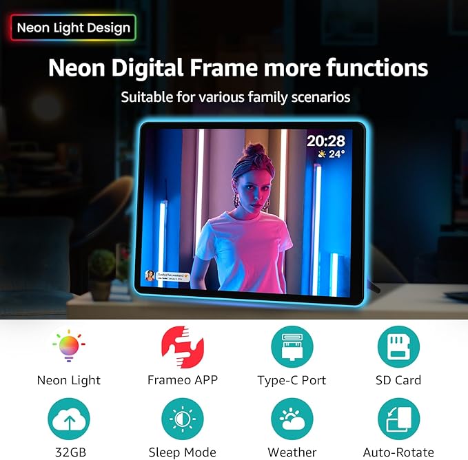 Apolosign 10" Neon Light Digital Frame, 2K Resolution, The Best Digital Picture Frame for Gifting | with 2.5D Glass IPS Touchscreen, WiFi, 32GB Storage, Warm Ambient & Auto Color Transformation LED