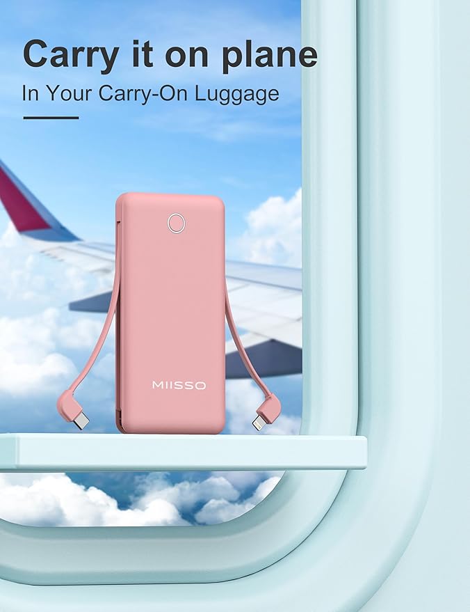 10000mAh Slim Portable Charger with Built in Cable, Power Bank Travel Charger External Battery Pack for Phone, 4 Output USB Type C Cord Clutch Charger Compatible with iPhone, 2 Pack Black & Pink