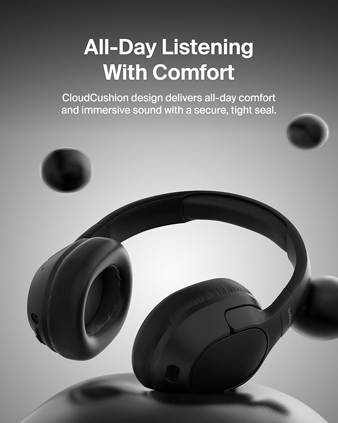 Belkin SoundForm Isolate Bluetooth Over-Ear Headphones - Hybrid Active Noise Cancelling Headphones - Wireless w/ 60H Playtime, Fast Charging & CloudCushion Ear Cups for Travel, Home, or Office - Black