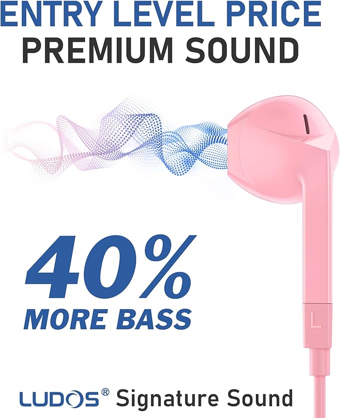 LUDOS FEROX Wired Earbuds in-Ear Headphones, 5 Years Warranty, Earphones with Microphone, Noise Isolation Corded for 3.5mm Jack Ear Buds for iPhone, Samsung, Laptop, Kids, School Students - Pink