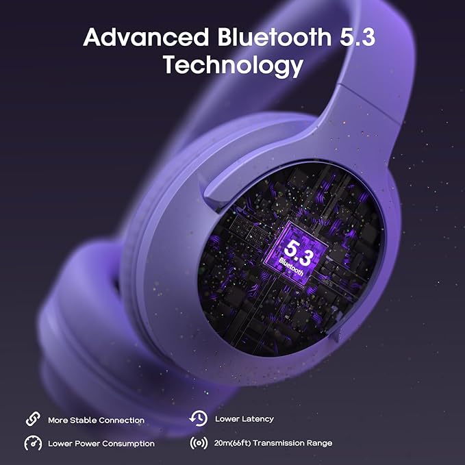 Bluetooth Headphones Over Ear, 80H Playtime Wireless Headphone with 3 EQ Modes, Built-in Mic, Deep Bass, HiFi Stereo Foldable Wireless Headset for iPhone PC Travel Workout Office (Purple)