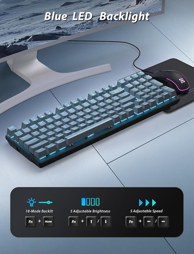 Mechanical Gaming Keyboard and Mouse, LED Backlit 98-Key Floating Keycap & 4 DPI RGB Gaming Mouse with Mouse Pad, Full Anti-Ghost Light Up Wired Computer Keyboards for MAC PC Gamer Accessories, Gray