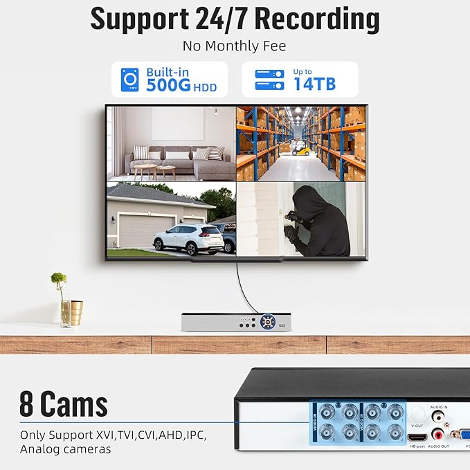 8CH Wired Security Camera System,H.265+ Surveillance Video Recorders with 2 x 2592P 5MP Wired IP66 Bullet Cameras,for Indoor Outdoor Use,500G HDD Included, Email Alert,Mobile APP & PC Remote