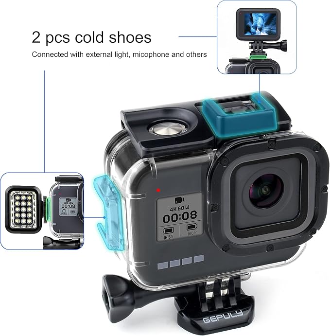 60M/196FT Waterproof Housing Case for GoPro Hero 8 Black, Dual Cold Shoe Slots Protective Underwater Diving Housing Shell for GoPro Hero 8 Black Action Camera