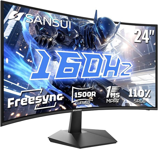 SANSUI 24 Inch Curved 160Hz Gaming Monitor,1500R Curved Gaming Monitor FHD 1080P Computer Monitor,MPRT 1ms Fast VA Display,Freesync,HDR,3000:1, HDMI2.0,DP1.4, VESA Support(ES-G24C1L HDMI Cable Incl.)