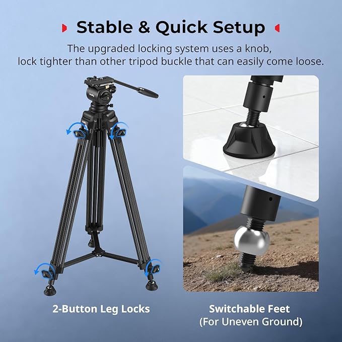 SMALLRIG 73''/185cm Carbon Fiber Heavy Duty Video Tripod, Max Load 10kg (22lbs), Fluid Head with +85° to -78 Tilt Range, Compact Travel Tripod Weight 2.7kg(6lbs), Folded Height 87cm, AD-14-5441