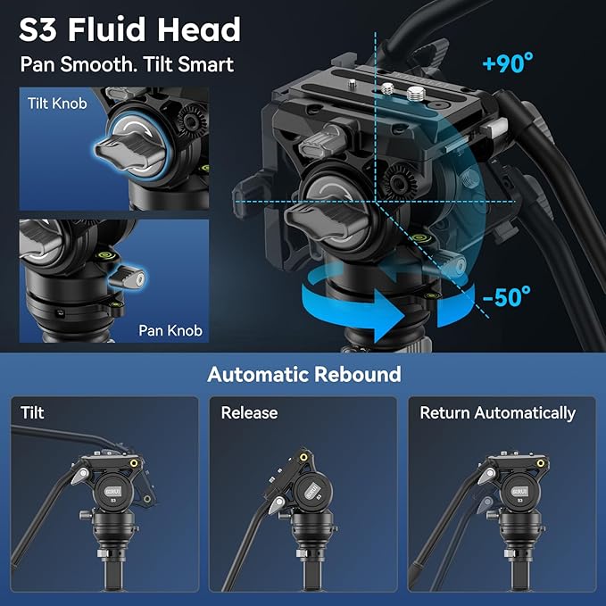 SIRUI SVS60 Carbon Fiber Tripod with S3 Fluid Video Head Kit, 68.5" One-Step Height Adjustment Travel Tripod & Monopods, Modular Compact with Triangular Center Column, ±15°Leveling, Max Load 13 lbs