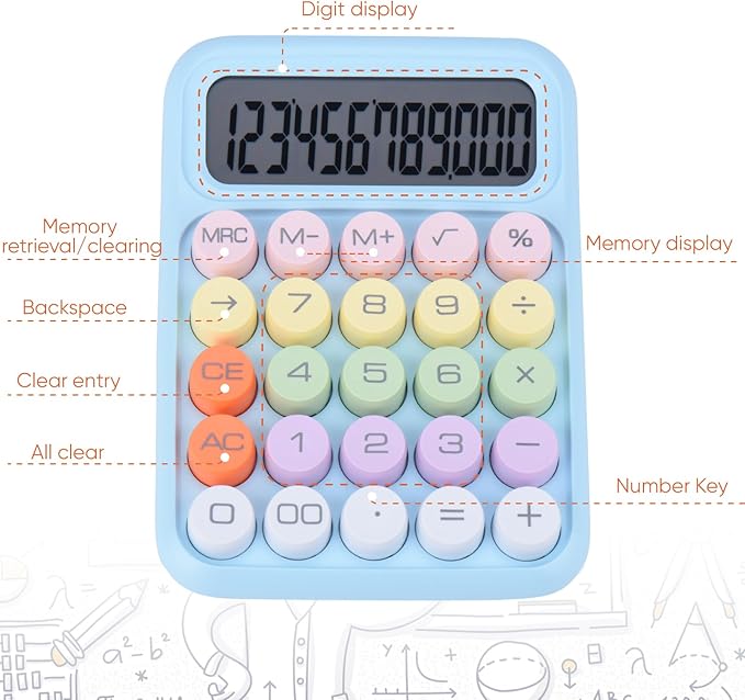 Mechanical Pushbutton Calculator,12 Digit Large LCD Display,Big Buttons Easy to Press,Colorful Candy Calculator,Automatic Sleep,with Battery.for Office,School, Home. (Blue)