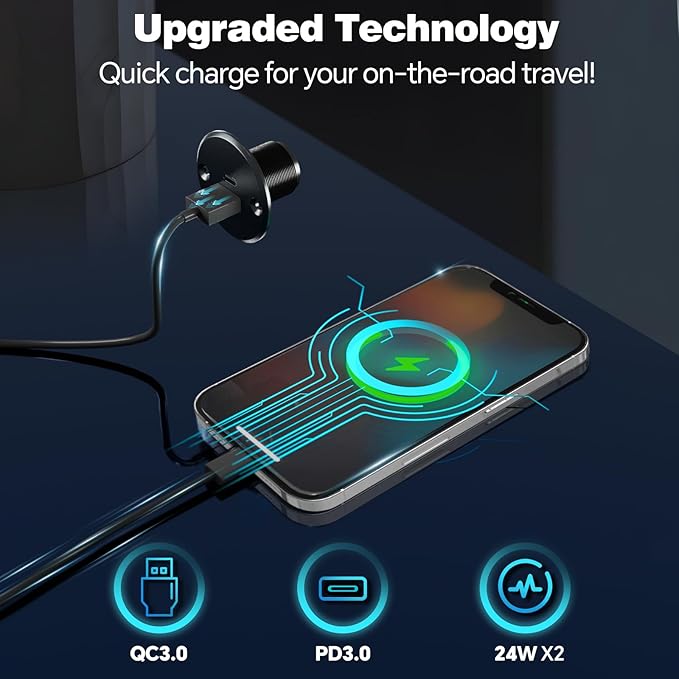 Acegoo RV USB Outlet All-Aluminum Type A + Type C Ports 12V/24V USB Charger, Recessed Mount 24W High-Speed Charging Socket, PD3.0 & QC3.0 Fast Charger for Camper Trailer Van Car Boat Golf Cart