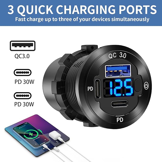 2 PACK 12V USB Car Socket Round USB C 12V Outlet, 3-Port Marine Fast Charger Waterproof Cigarette Outlet Replacement Aluminum with Switch and Voltmeter, Suitable for Boat Golf Cart RV Motorcycle