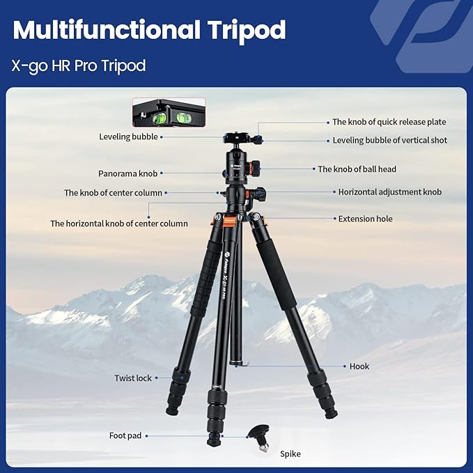 Fotopro 75 Inch Horizontal Camera Tripod Aluminum 360 Degree Ball Head Quick Release Plate DSLR Tripod for Travel Camera Video Camcorder