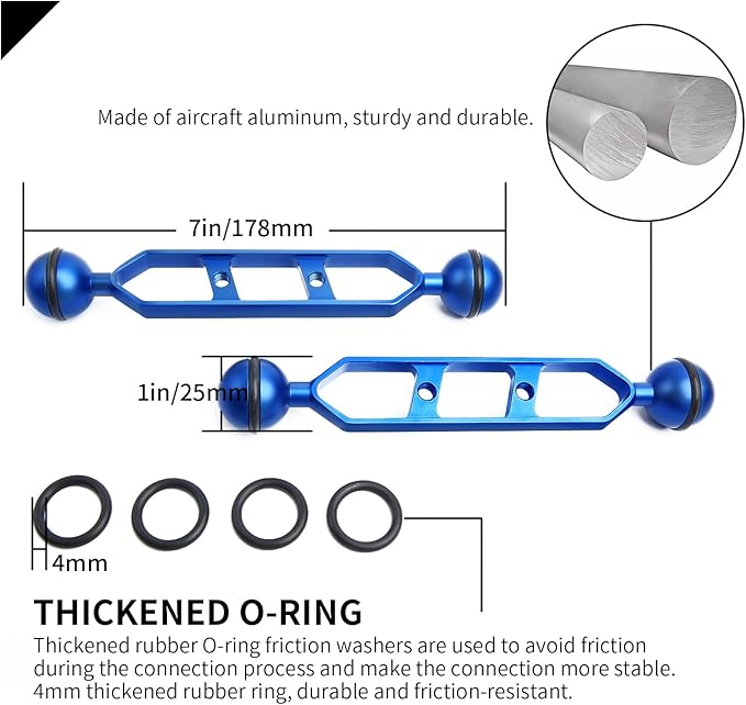 Blue 7" Underwater Aluminum Alloy Extension Arm (2-Pack) - Dual Ball System with 1" Head Connector, Waterproof & Rustproof for Diving Camera Tray/Strobe/Video Light, Scuba Photography Gear