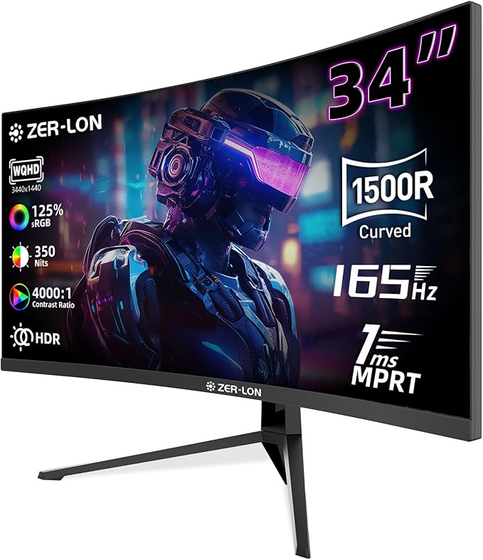 34 inch Curved Gaming Monitor, 21:9 WQHD 3440×1440 165Hz Ultrawide Computer Monitors, 1500R 1ms(MPRT), 125% sRGB, 350nits, FreeSync, HDMI2.0 x2, DP1.4 x2, Wall Mountable/Tilt Adjustable Black