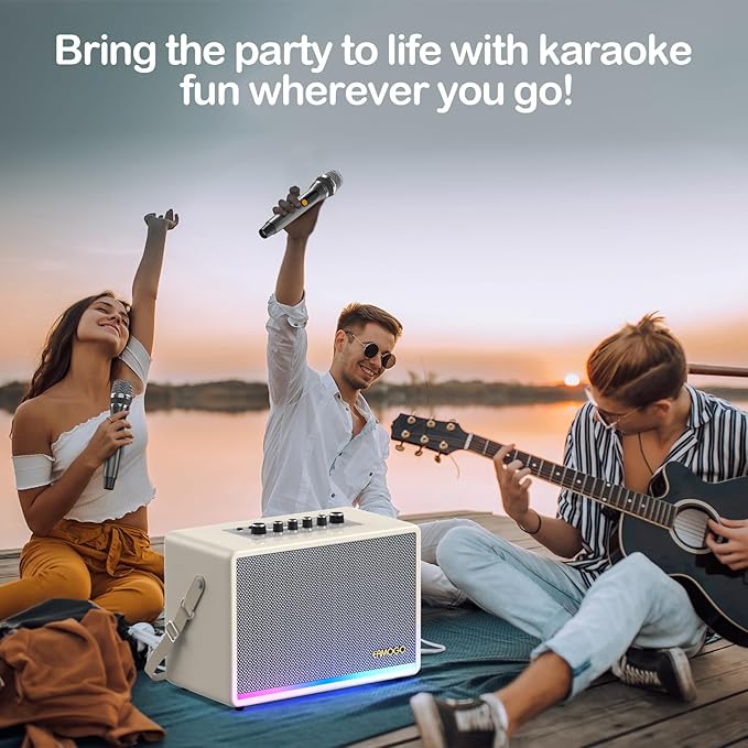 Portable Bluetooth Speaker with 2 Wireless Mics | 70W Peak Deep Bass Birchwood Cabinet | Bluetooth PA System for Outdoor Camping, Backyard| Dynamic LED Lights USB/AUX/OTG Rechargeable Battery (White)