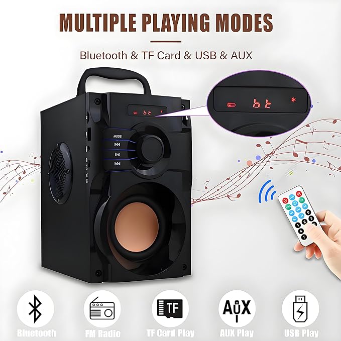 Bluetooth Speaker, Portable Wireless Speaker with Subwoofer Heavy Bass, FM Radio with LED, Remote Control, Phone Holder, MP3 Player for Party, Christmas, Indoor Outdoor, Mobile PC