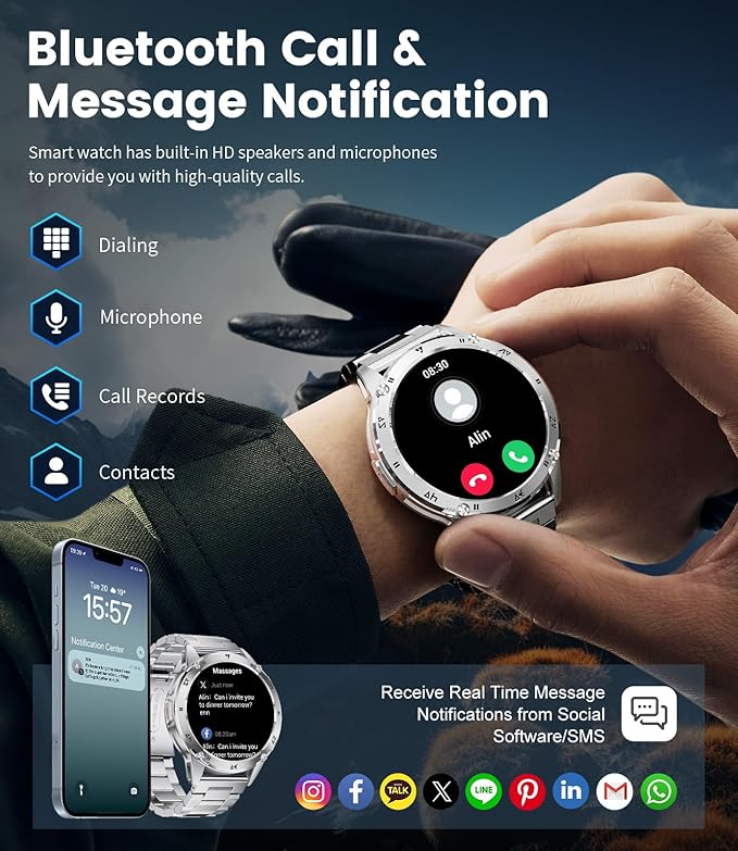 LIGE Military Smart Watch for Men iPhone Android 1.43" HD Amoled Rugged 110+ Sport Modes IP68 Waterproof Answer/Make Call Fitness Running Heart Rate Blood Pressure Health Mens Smartwatch