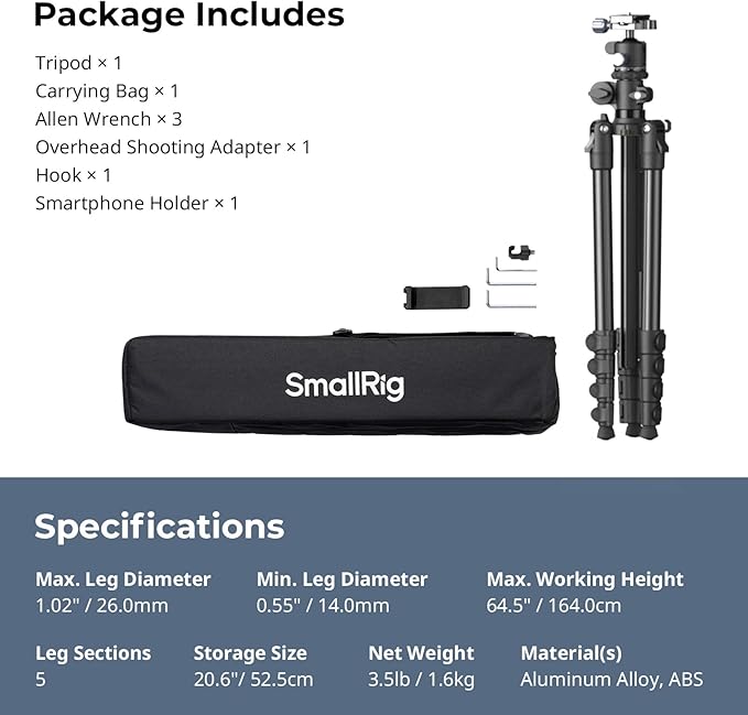 SmallRig CT25 64.5"/164cm Horizontal Overhead Tripod for iPhone & Camera, with Phone Holder & Carrying Bag, 22lb Max Load Aluminum Lightweight Camera Tripod for Overhead Shots/Live Streaming