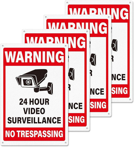 4 Pack 24 Hour Video Surveillance Signs 12 × 8 Inches No Trespassing Warning Sign Aluminum Reflective UV Protected Waterproof Signage for Home Business Yard