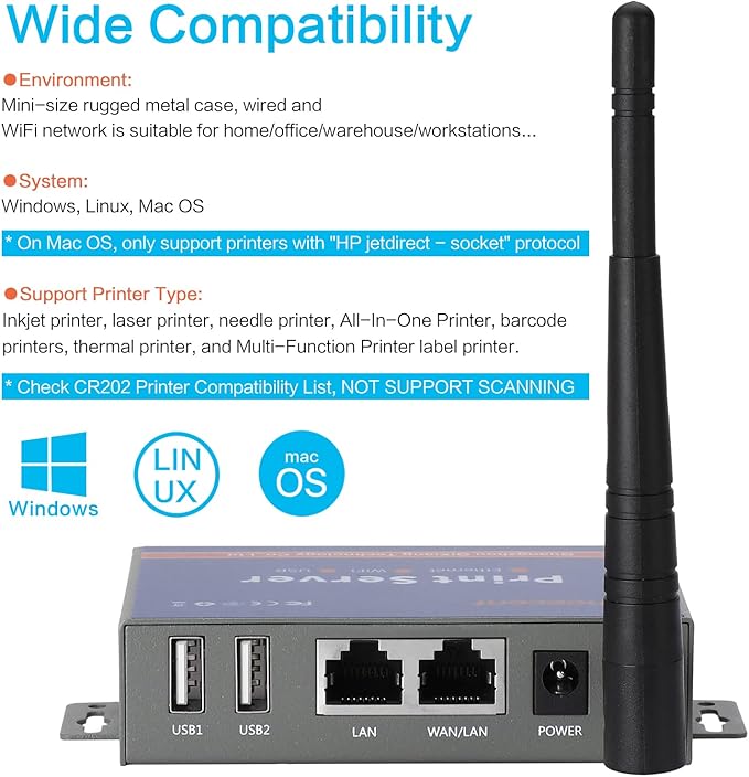 Wireless Print Server for USB Printer (NOT Plug&Play), 2 Port USB Print Server, Convert Wired Printer to Wireless WiFi Ethernet Networking - Windows Mac Linux Compliant - CR202