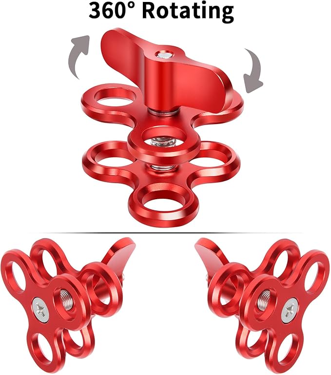 3-Hole 1" Aluminum Underwater Camera Clamp Ball Mount (2-Pack) - Underwater Bracket for Diving Light Arms & Camera Trays, Saltwater-Resistant Adapter for Scuba Photography/Videography Gear