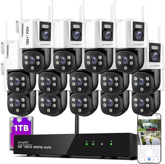 [2-in-1 CAM] XMARTO 16CH Security Camera System Outdoor Wireless, 14pcs 2-in-1 Cameras, 16CH 4K Long Range WiFi 6 Surveillance DVR NVR Kit, Pan Tilt Zoom 4MP QHD Home CCTV Camera Set w. 1TB Hard Disk