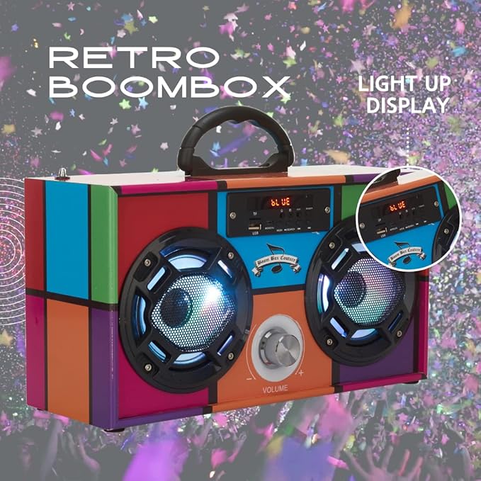 Mini Boombox with LED Speakers – Retro Bluetooth Speaker w/Enhanced FM Radio - Perfect for Home and Outdoor (Retro)