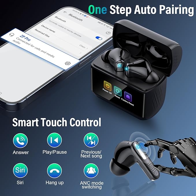 Wireless Earbuds, Bluetooth 5.4 Headphones with Multifunction Touch Screen, 48H Deep Bass Stereo Ear Buds, 5 EQ Modes, ANC/ENC Noise Cancelling, Transparency Mode, IPX7 Bluetooth Earbuds, Black