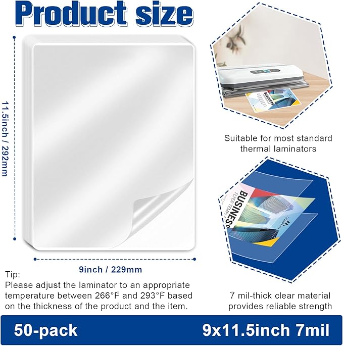 50 Pack 9x11.5inch 7mil Letter Size Laminating Sheets Thermal Laminating Pouches Paper Laminator Sheets File Card Laminator Pouches 8.5x11inch for Permits Cards File Photos (50, 9"x11.5"-7mil)