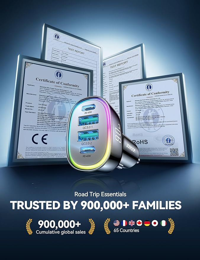 90W for iPhone 17 Pro Car Charger USB C, 4-Port Car Charger Fast Charging, PD&QC3.0 Type C Car Phone Charger, Cigarette Lighter Adapter, Car Accessories for iPhone 16 16e 15 17 Air Pro Max, Samsung