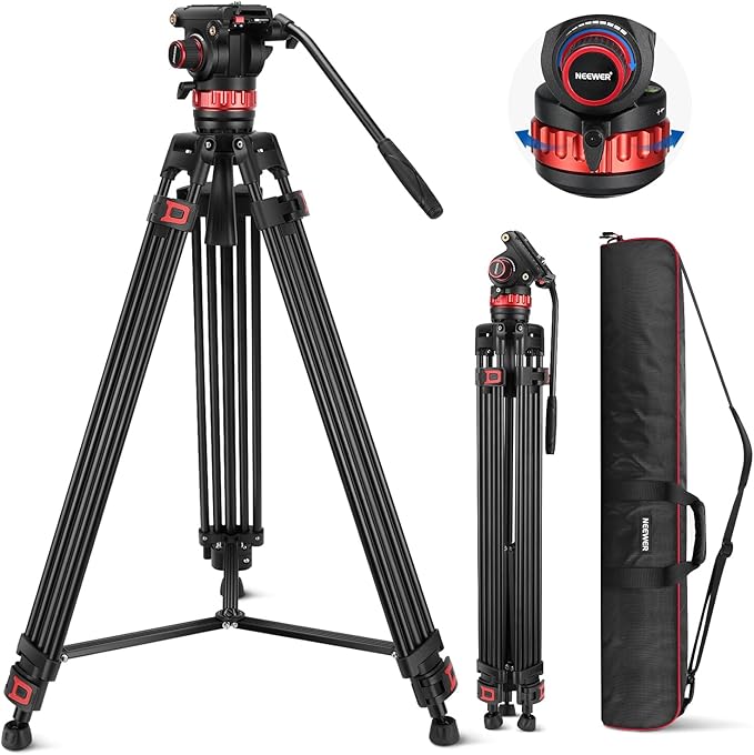 NEEWER 74" Video Tripod with Adjustable Damping Fluid Head, Metal Heavy Duty Dual-Mode QR Plate Compatible with DJI RS Gimbals, Flexible 360° Pan&+90°/-75° Tilt, Max Load 22lb/10kg, TP75