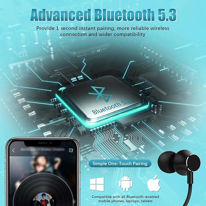 Neckband Bluetooth Headphones, 200H Extra Long Playtime Wireless Stereo Neckband Earbuds with Microphone, Waterproof Balanced Armature Drivers in Ear Headset for Sports/Workout (Cyan Green)