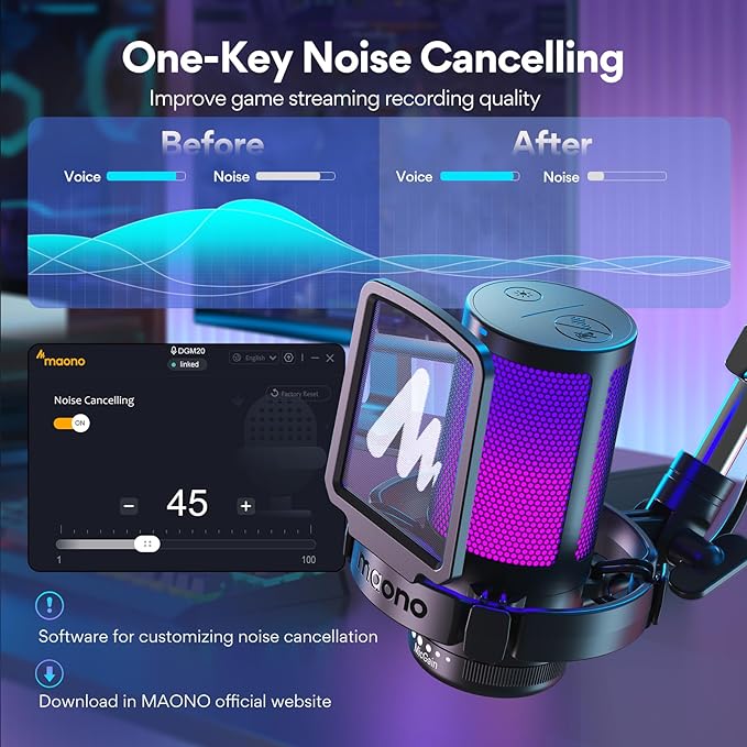 MAONO Gaming USB Microphone, Noise Cancellation Condenser Mic with Mute, Gain, Monitoring, Boom Arm Mic for Streaming, Podcast, Twitch, YouTube, Discord, PC, Computer, PS4, PS5, Mac, GamerWave DGM20S