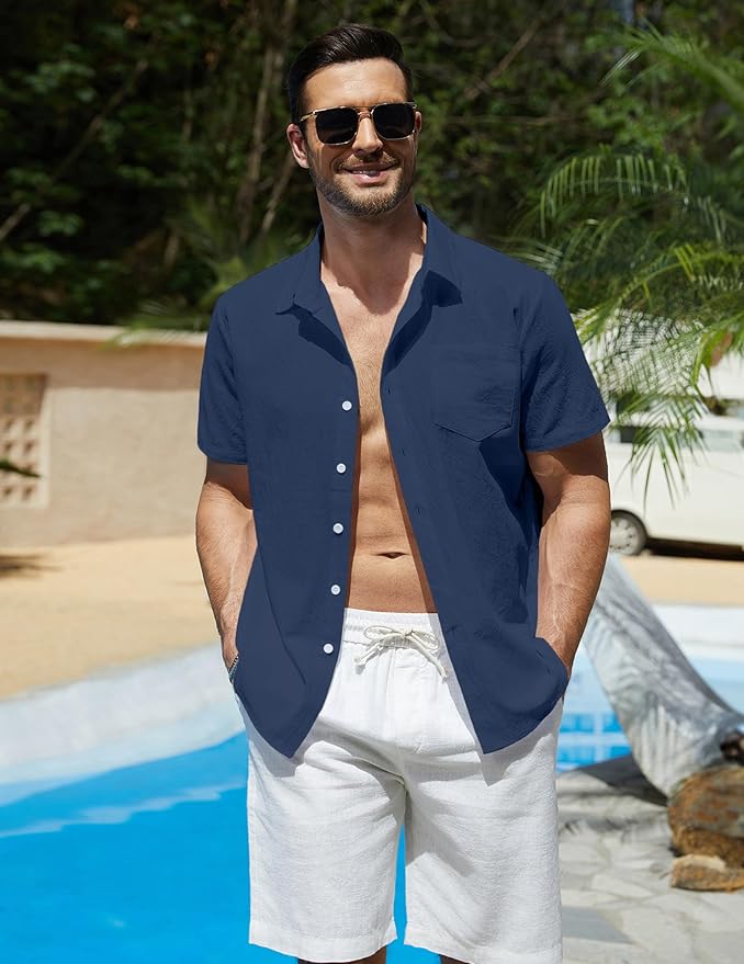 Vssjavun Mens Short Sleeve Button Down Shirts Casual Cotton Shirt Summer Beach Tops with Pocket