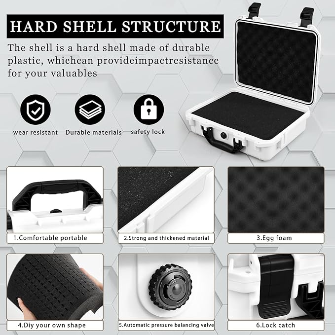 11.3 x 8.7 x 4.2 Inch Waterproof Hard Case with DIY Customizable Foam Insert Portable Protective Case with Knife for Camera Drones Equipments Tools Test Instruments (White)