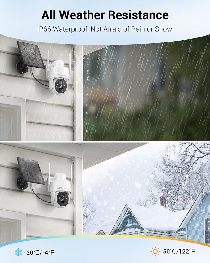 Solar Security Cameras Wireless Outdoor, 2K WiFi Cameras for Home Security, 360° PTZ Surveillance Camera with PIR, Color Night Vision, 2-Way Talk, IP66 Waterproof, SD/Cloud, Work with Alexa (2 Pack)