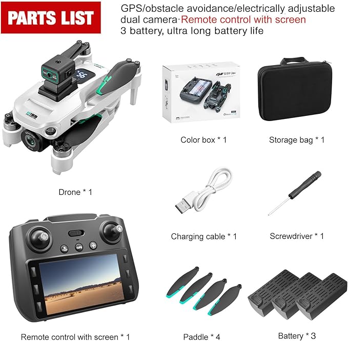 Drone with Camera 4k, GPS HD Drones for Adults, Remote Controller with Screen, Obstacle Avoidance, Brushless Motor FPV, 5G Transmission, 3 Battery, Professional (3 Battery+White)