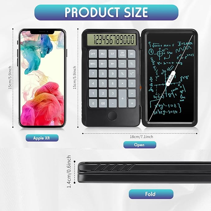 Hion Calculators,12-Digit Large Display Rechargeable Pocket Office Desktop Calculator with Erasable Wiriting Tablet,Mute Basic Desk Calculators with Doodle Pad for Student Home School,Black