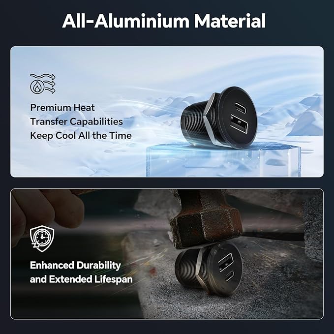 Acegoo RV USB Outlet All-Aluminum Type A + Type C Ports 12V/24V USB Charger, Recessed Mount 24W High-speed Charging Socket, PD3.0 & QC3.0 Fast Charger for Camper Trailer Van Car Boat Golf Cart