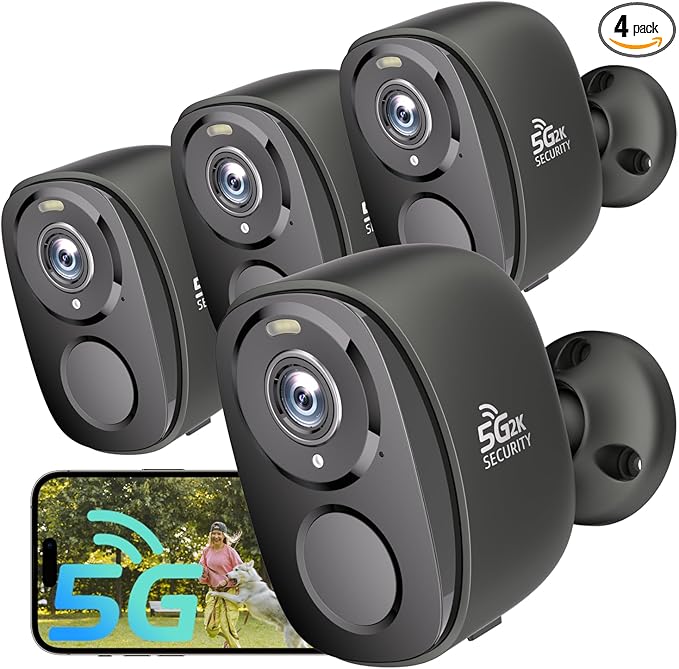 4PC 5G/2.4G Security Cameras Wireless Outdoor,2K Battery Powered Camera for Home Security,WiFi Home Indoor Camera with AI Motion Detection,Siren, Color Night Vision,2-Way Talk, IP65, SD/Cloud,Alexa