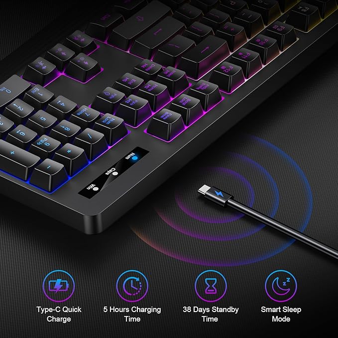 Wireless Gaming Keyboard, RGB & Single-Color Backlit, Full-Size Waterproof Computer Keyboard, Silent Keys, Wrist Rest, Sleep Mode, Rechargeable 2.4G Wireless Keyboardfor Windows, Mac, PC, Laptop