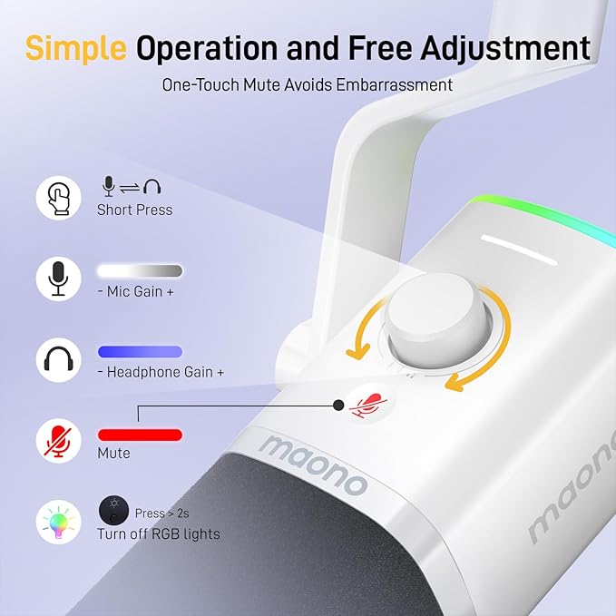 MAONO XLR/USB Gaming Microphone Kit: Dynamic PC Mic for Streaming Podcasting, Software Support, Mute Button, Gain Control, RGB Computer Mic with Boom Arm Stand, for Recording, PS4/PS5, PD100XS White