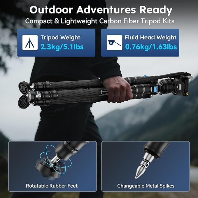 SIRUI SVS60 Carbon Fiber Tripod with S3 Fluid Video Head Kit, 68.5" One-Step Height Adjustment Travel Tripod & Monopods, Modular Compact with Triangular Center Column, ±15°Leveling, Max Load 13 lbs